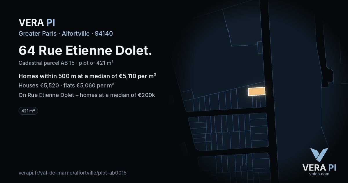 64 Rue Etienne Dolet, Alfortville at night – the plot lit, the parcels around coloured by the prices near them