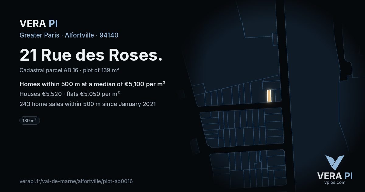 21 Rue des Roses, Alfortville at night – the plot lit, the parcels around coloured by the prices near them