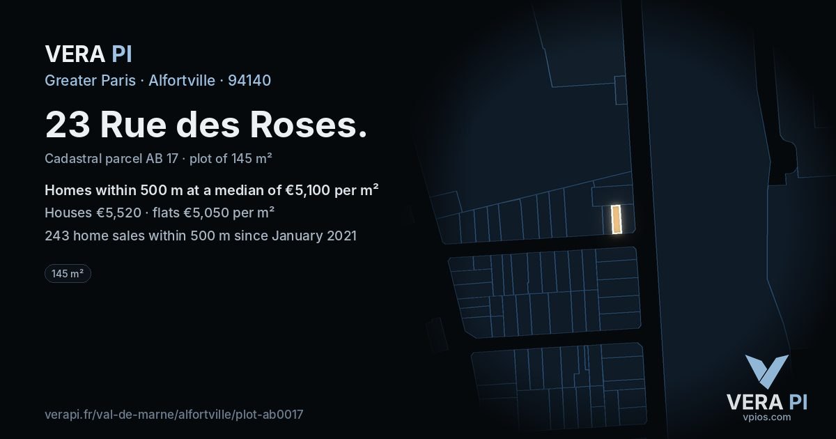 23 Rue des Roses, Alfortville at night – the plot lit, the parcels around coloured by the prices near them