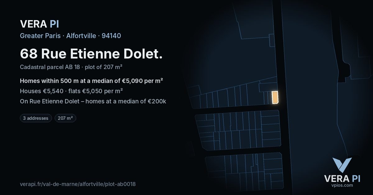 68 Rue Etienne Dolet, Alfortville at night – the plot lit, the parcels around coloured by the prices near them