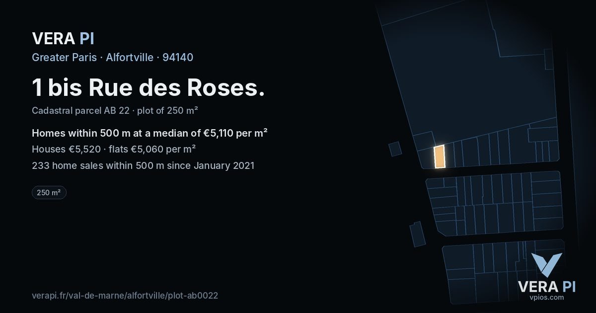 1 bis Rue des Roses, Alfortville at night – the plot lit, the parcels around coloured by the prices near them