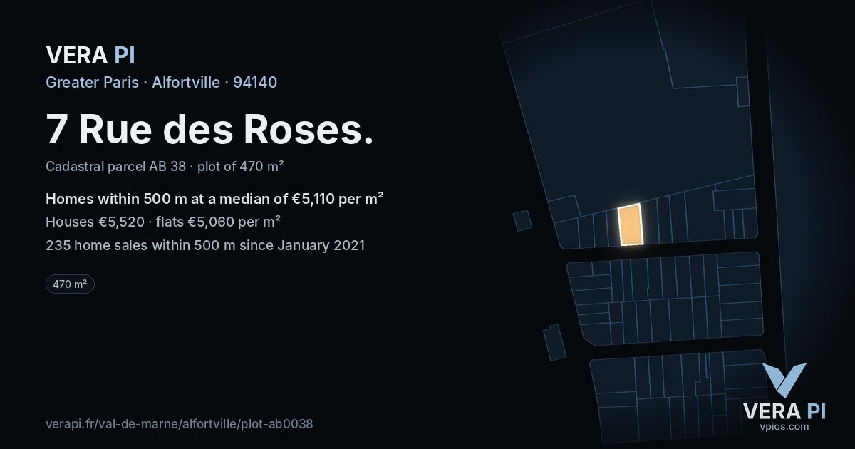 7 Rue des Roses, Alfortville at night – the plot lit, the parcels around coloured by the prices near them