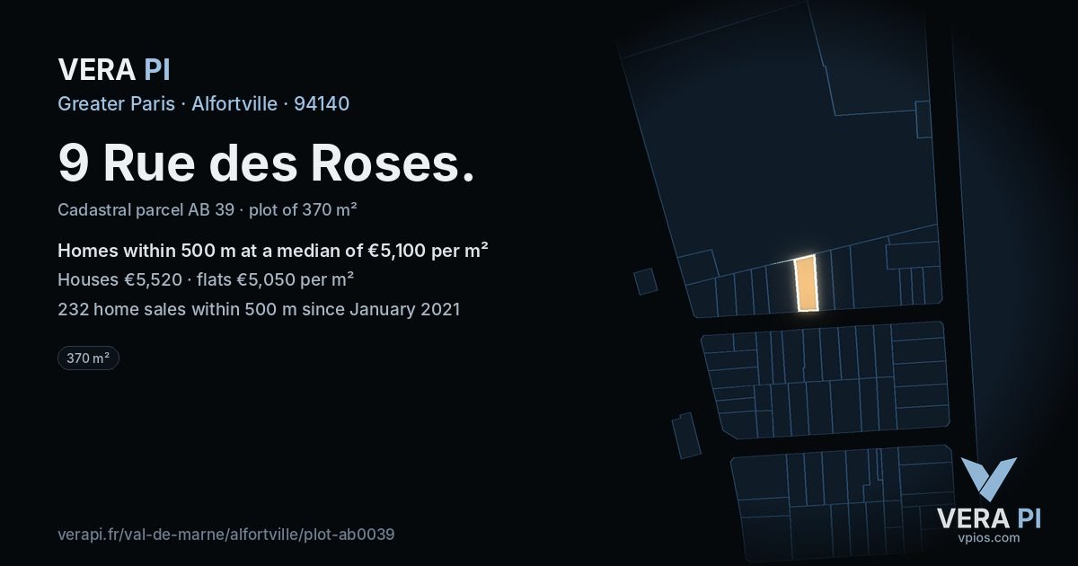 9 Rue des Roses, Alfortville at night – the plot lit, the parcels around coloured by the prices near them