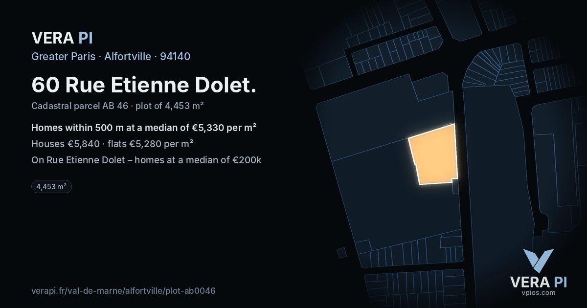 60 Rue Etienne Dolet, Alfortville at night – the plot lit, the parcels around coloured by the prices near them