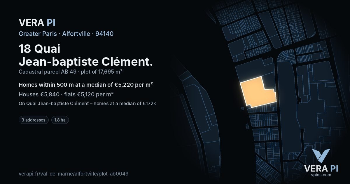 18 Quai Jean-baptiste Clément, Alfortville at night – the plot lit, the parcels around coloured by the prices near them