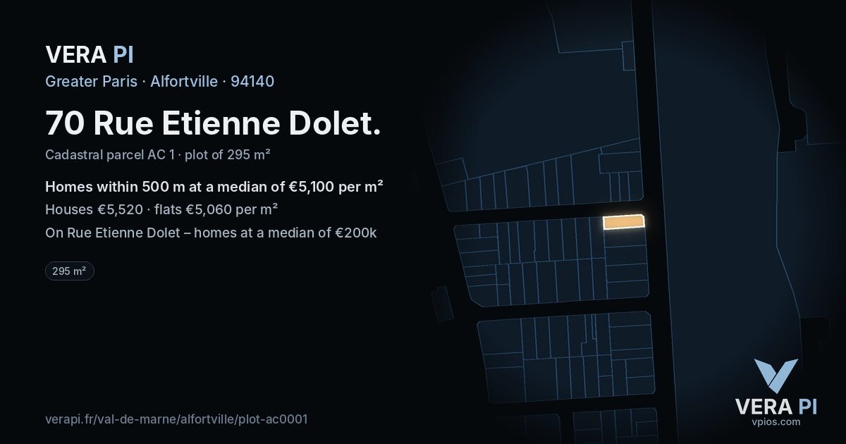 70 Rue Etienne Dolet, Alfortville at night – the plot lit, the parcels around coloured by the prices near them