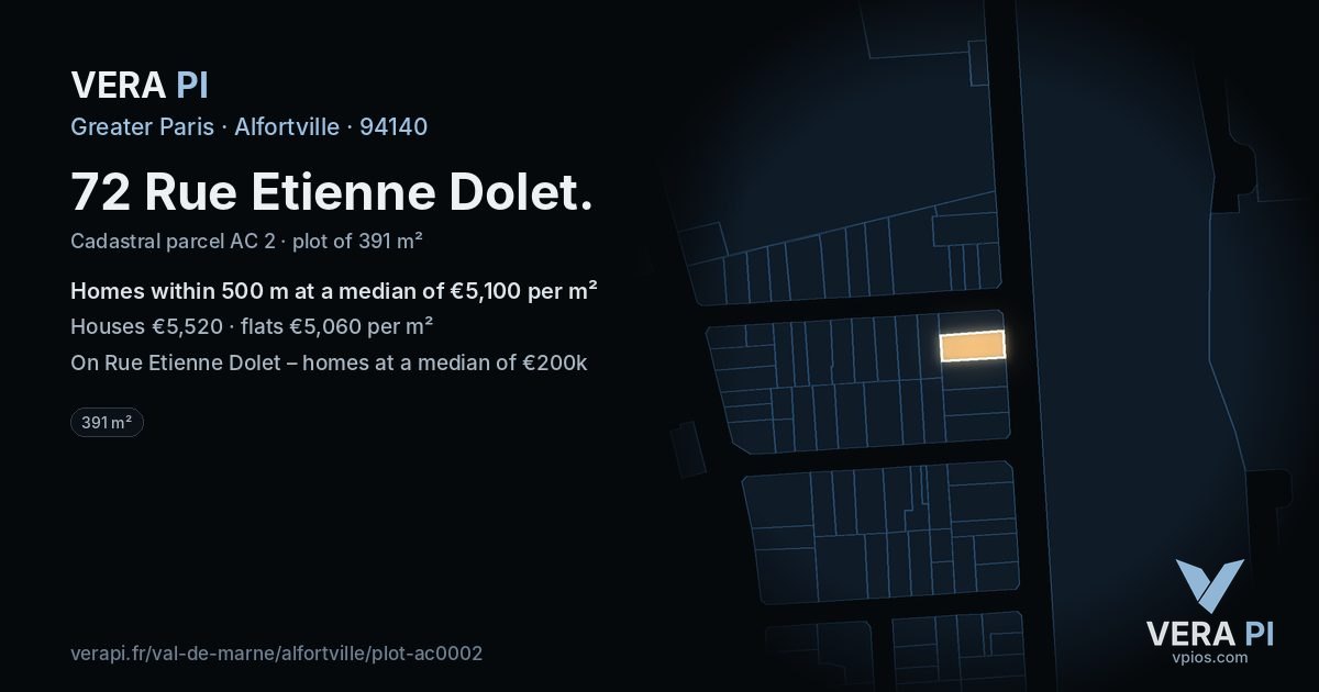 72 Rue Etienne Dolet, Alfortville at night – the plot lit, the parcels around coloured by the prices near them