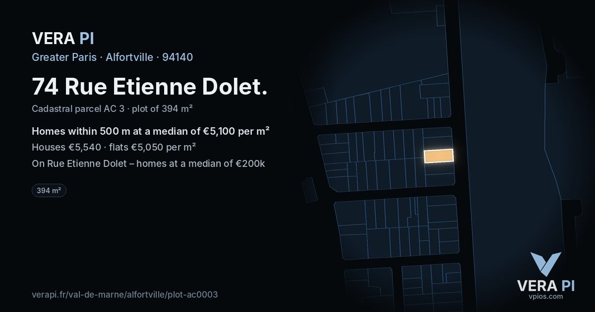 74 Rue Etienne Dolet, Alfortville at night – the plot lit, the parcels around coloured by the prices near them