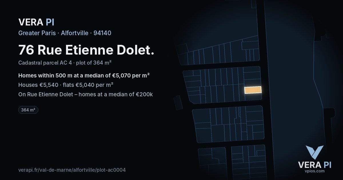 76 Rue Etienne Dolet, Alfortville at night – the plot lit, the parcels around coloured by the prices near them