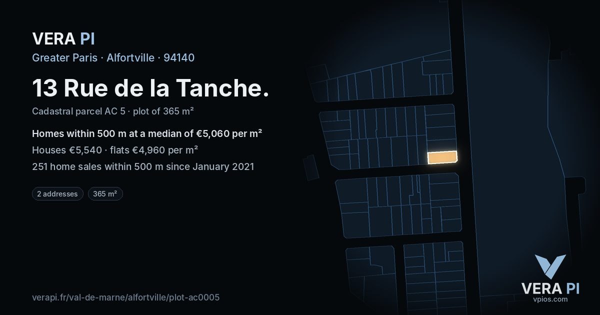 13 Rue de la Tanche, Alfortville at night – the plot lit, the parcels around coloured by the prices near them