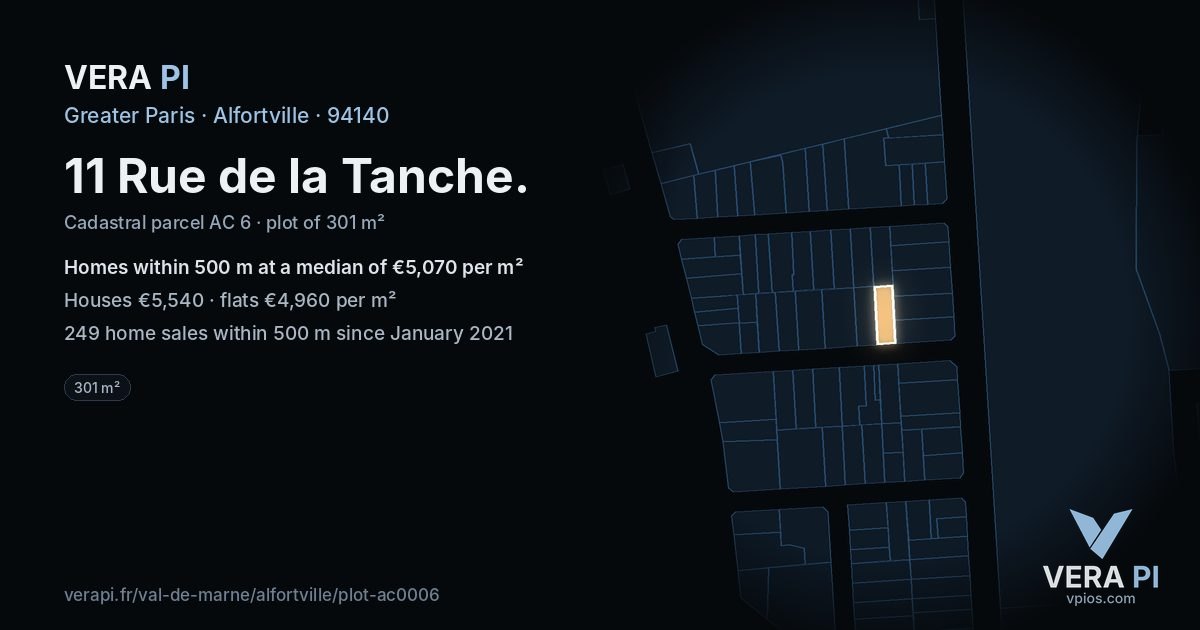 11 Rue de la Tanche, Alfortville at night – the plot lit, the parcels around coloured by the prices near them