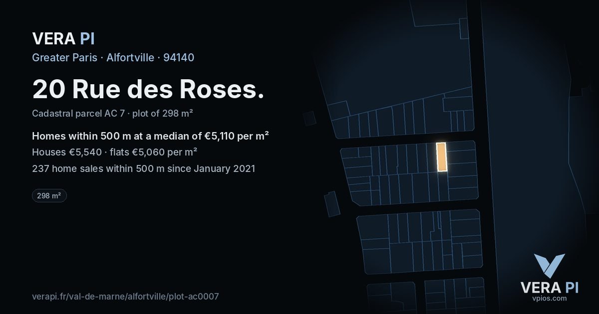 20 Rue des Roses, Alfortville at night – the plot lit, the parcels around coloured by the prices near them
