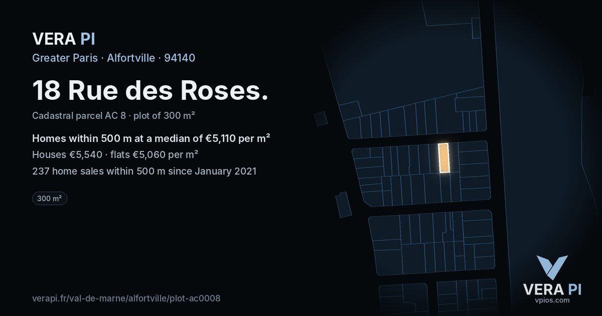 18 Rue des Roses, Alfortville at night – the plot lit, the parcels around coloured by the prices near them