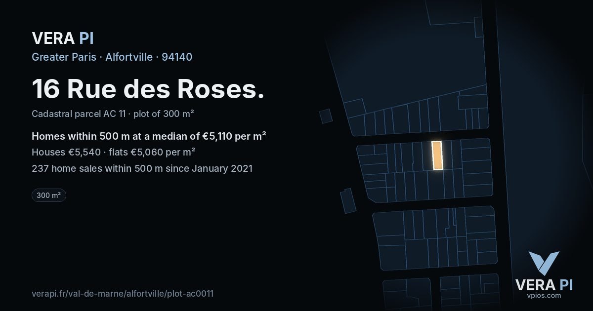 16 Rue des Roses, Alfortville at night – the plot lit, the parcels around coloured by the prices near them
