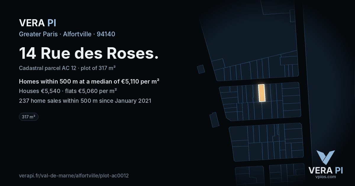 14 Rue des Roses, Alfortville at night – the plot lit, the parcels around coloured by the prices near them