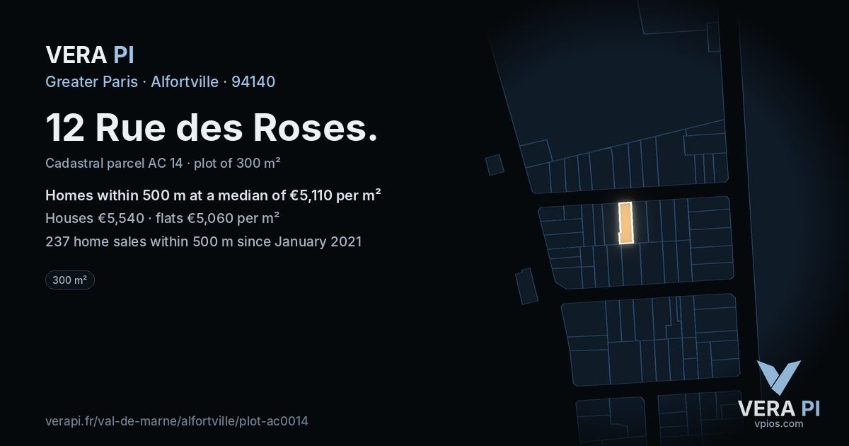 12 Rue des Roses, Alfortville at night – the plot lit, the parcels around coloured by the prices near them