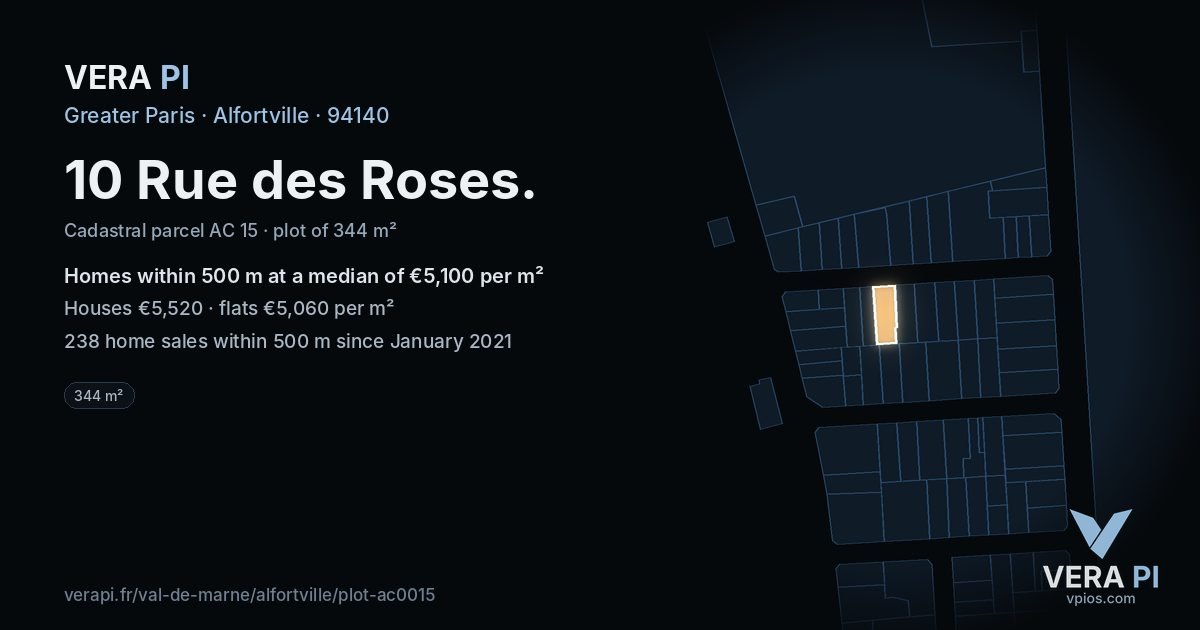 10 Rue des Roses, Alfortville at night – the plot lit, the parcels around coloured by the prices near them