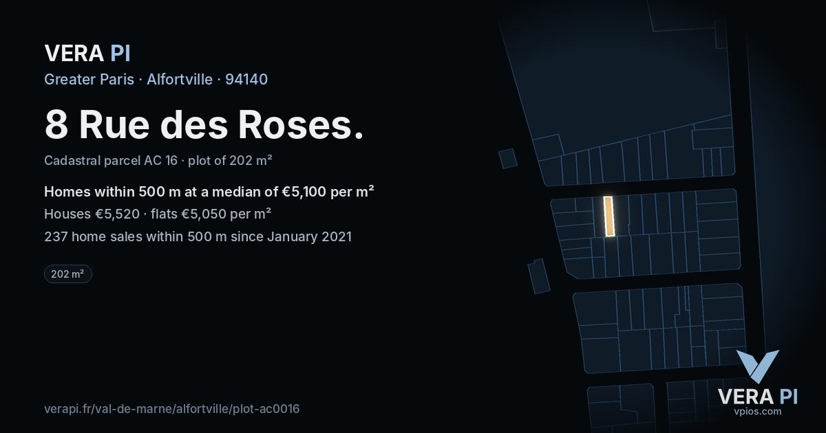 8 Rue des Roses, Alfortville at night – the plot lit, the parcels around coloured by the prices near them