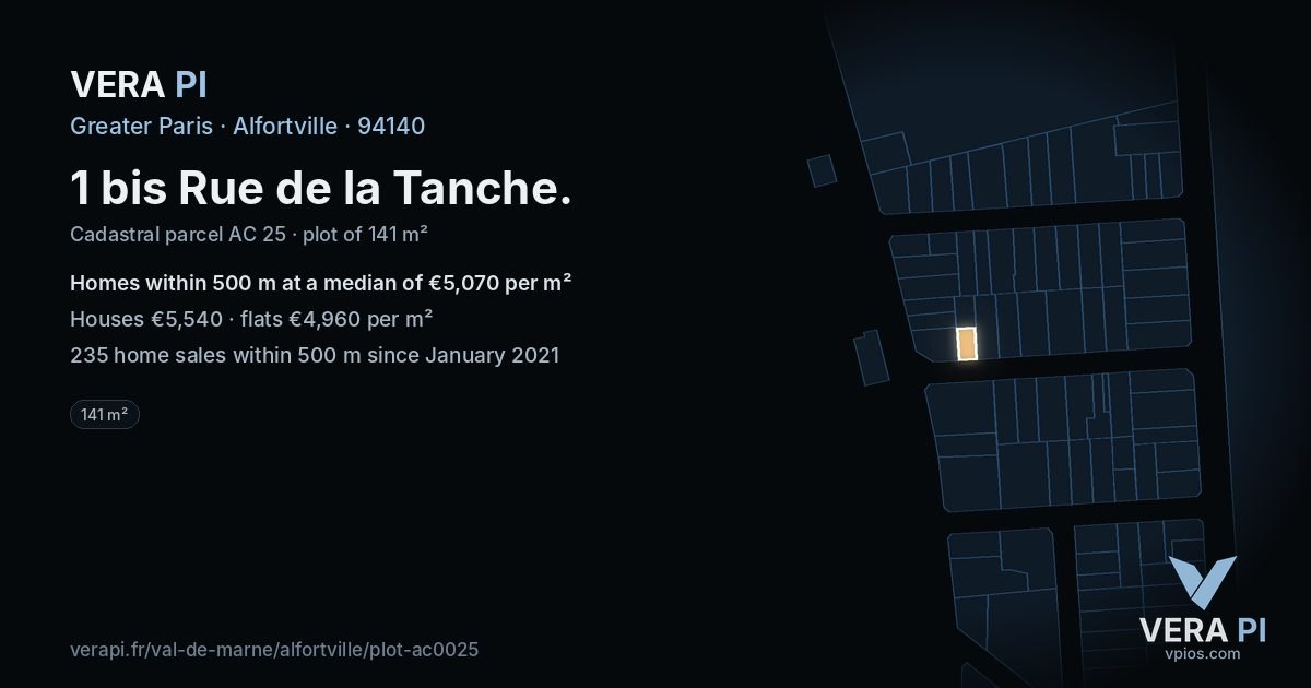1 bis Rue de la Tanche, Alfortville at night – the plot lit, the parcels around coloured by the prices near them