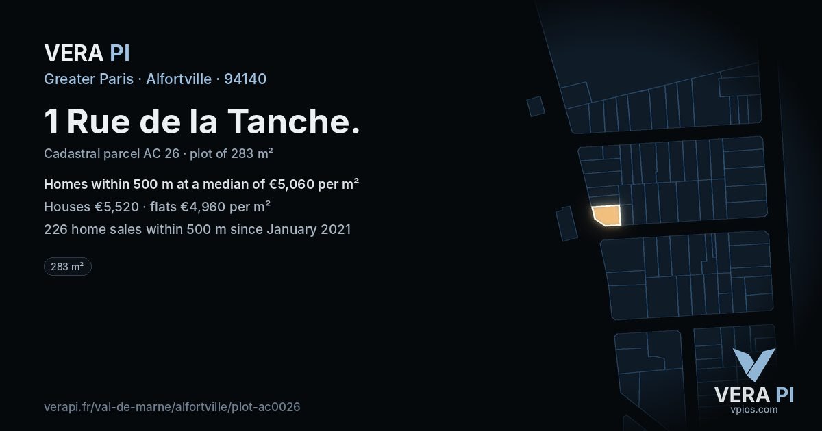 1 Rue de la Tanche, Alfortville at night – the plot lit, the parcels around coloured by the prices near them