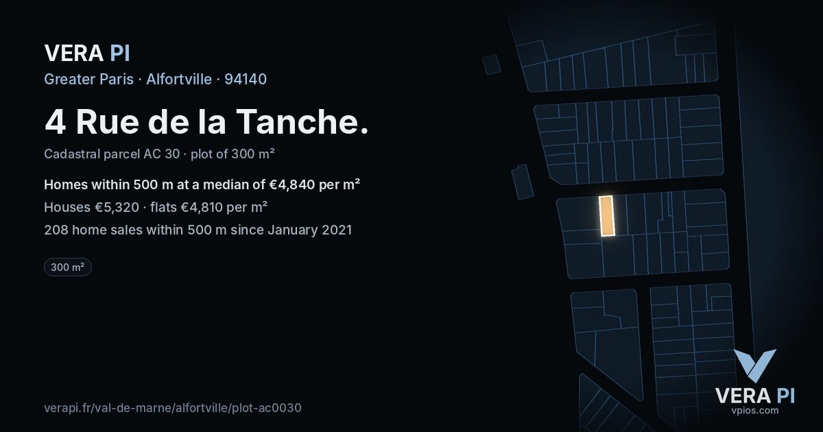 4 Rue de la Tanche, Alfortville at night – the plot lit, the parcels around coloured by the prices near them
