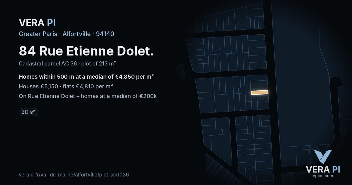 84 Rue Etienne Dolet, Alfortville at night – the plot lit, the parcels around coloured by the prices near them