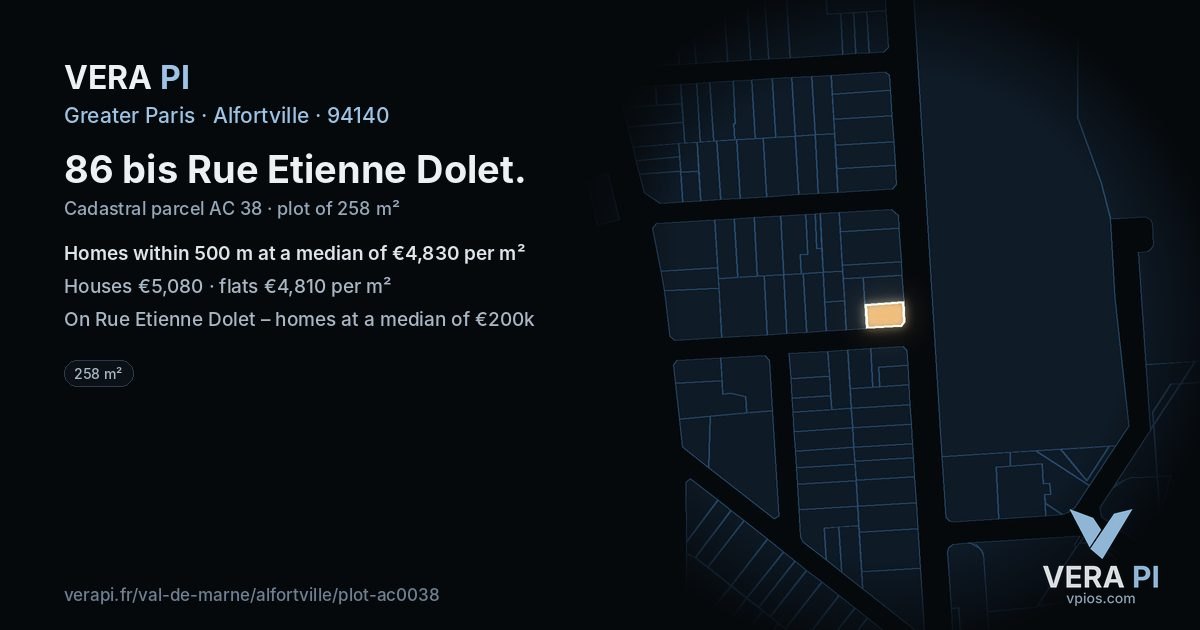 86 bis Rue Etienne Dolet, Alfortville at night – the plot lit, the parcels around coloured by the prices near them