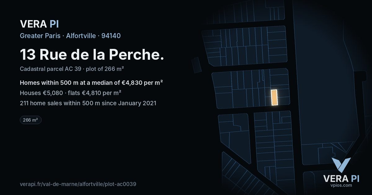 13 Rue de la Perche, Alfortville at night – the plot lit, the parcels around coloured by the prices near them