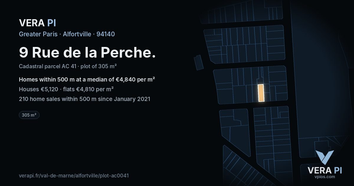 9 Rue de la Perche, Alfortville at night – the plot lit, the parcels around coloured by the prices near them