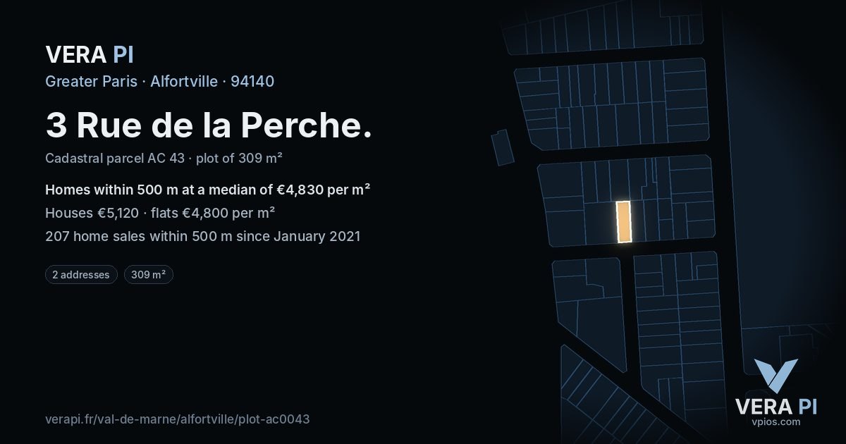 3 Rue de la Perche, Alfortville at night – the plot lit, the parcels around coloured by the prices near them