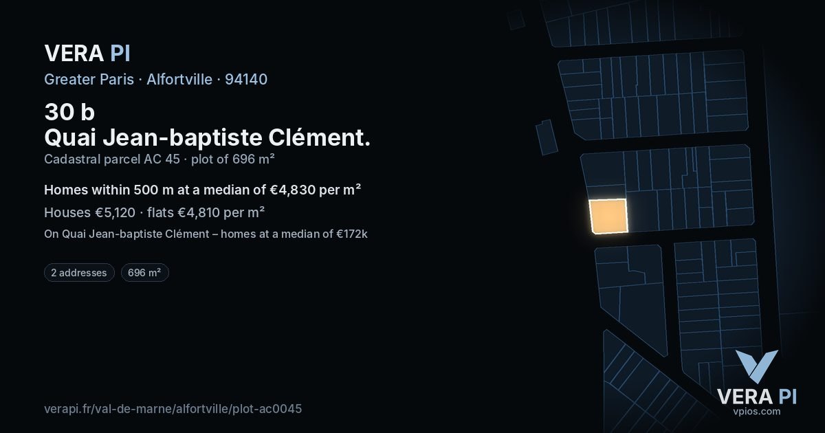 30 b Quai Jean-baptiste Clément, Alfortville at night – the plot lit, the parcels around coloured by the prices near them