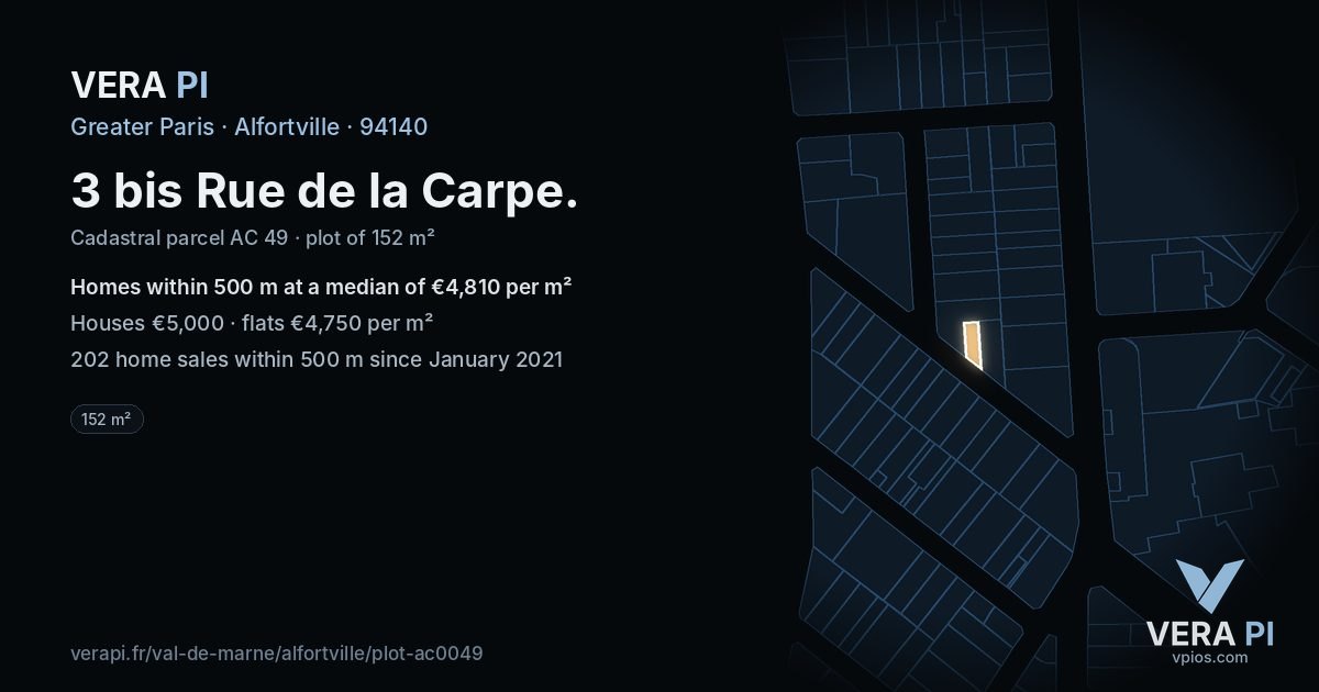 3 bis Rue de la Carpe, Alfortville at night – the plot lit, the parcels around coloured by the prices near them