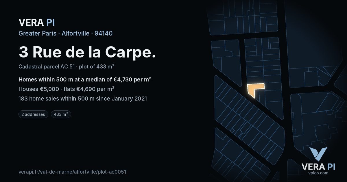 3 Rue de la Carpe, Alfortville at night – the plot lit, the parcels around coloured by the prices near them