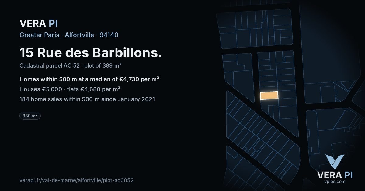 15 Rue des Barbillons, Alfortville at night – the plot lit, the parcels around coloured by the prices near them