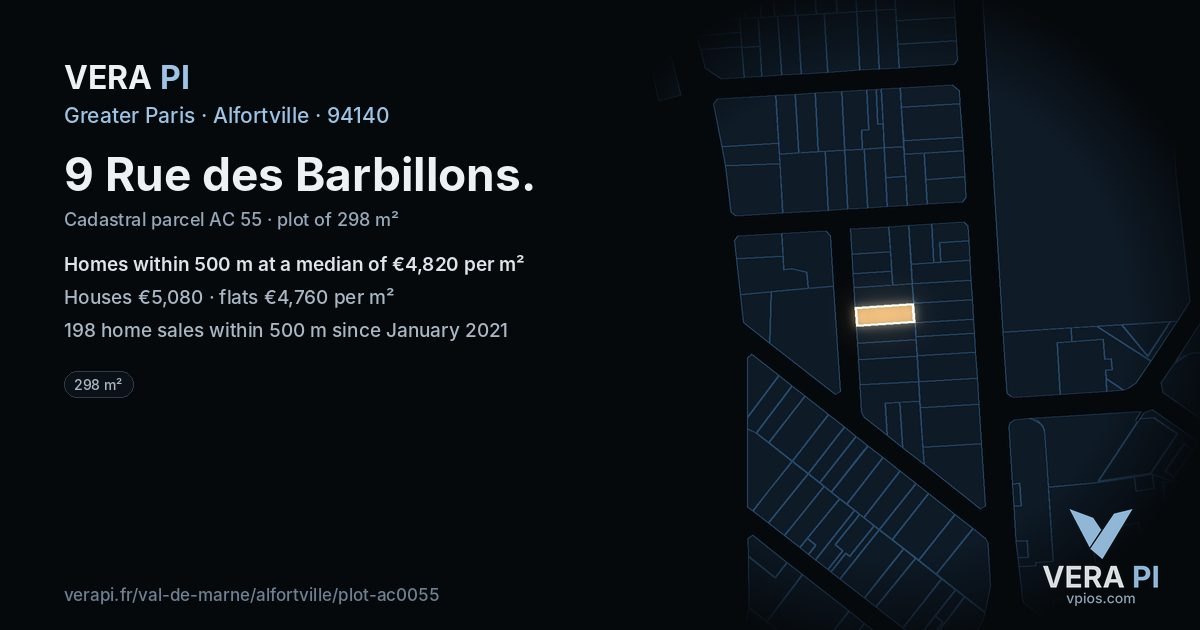 9 Rue des Barbillons, Alfortville at night – the plot lit, the parcels around coloured by the prices near them