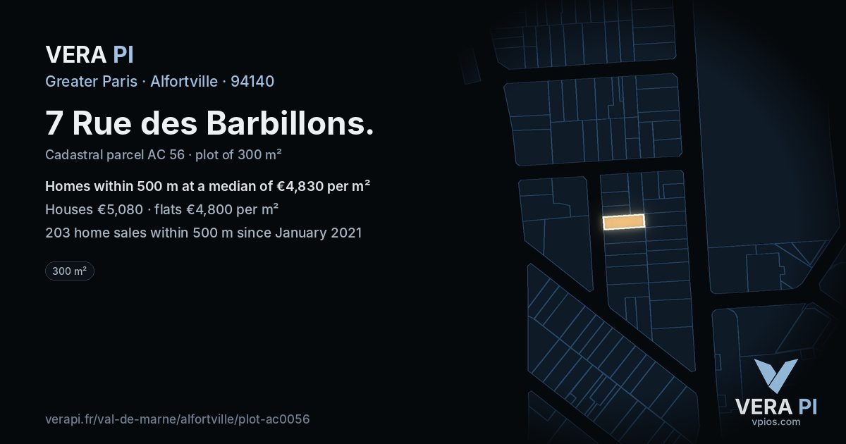 7 Rue des Barbillons, Alfortville at night – the plot lit, the parcels around coloured by the prices near them