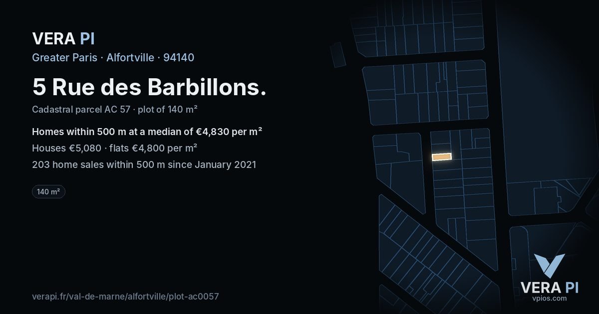 5 Rue des Barbillons, Alfortville at night – the plot lit, the parcels around coloured by the prices near them