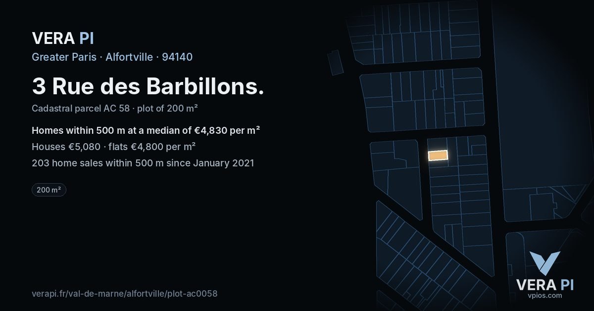 3 Rue des Barbillons, Alfortville at night – the plot lit, the parcels around coloured by the prices near them