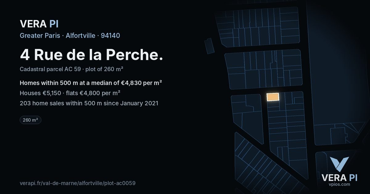 4 Rue de la Perche, Alfortville at night – the plot lit, the parcels around coloured by the prices near them