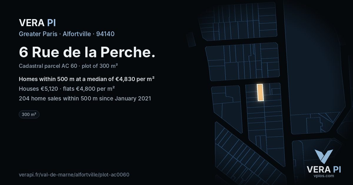 6 Rue de la Perche, Alfortville at night – the plot lit, the parcels around coloured by the prices near them