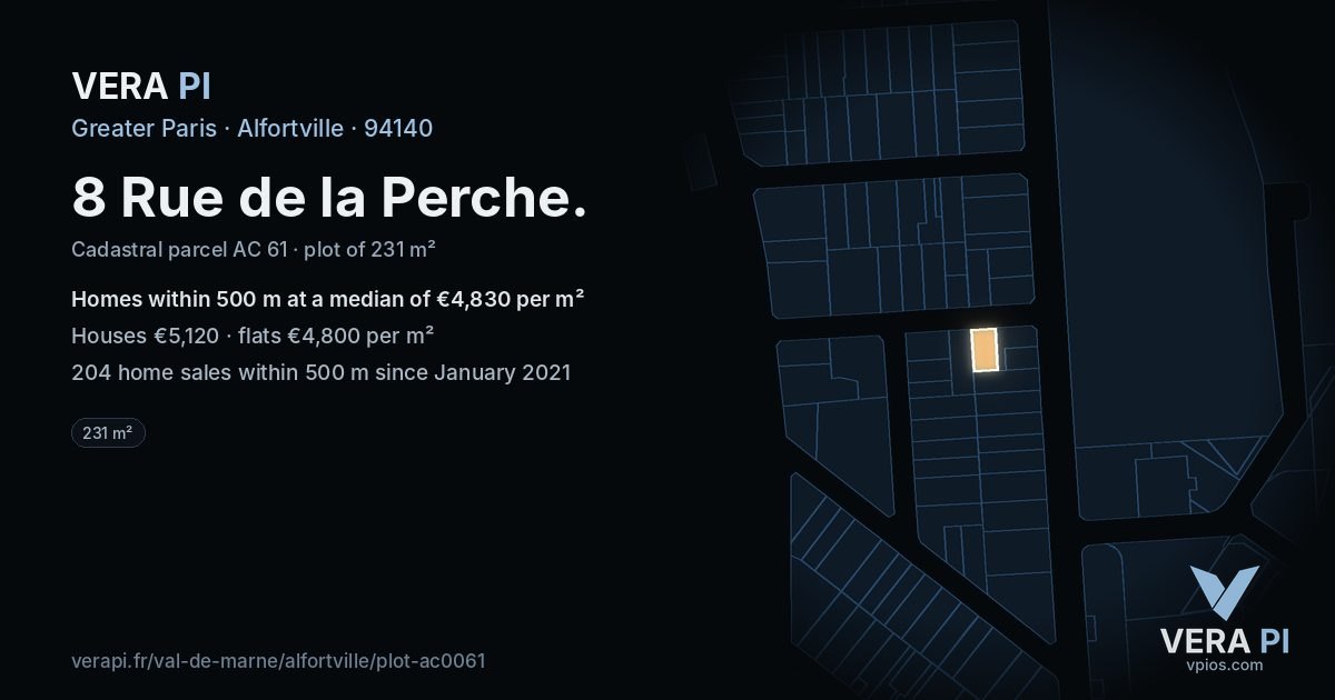 8 Rue de la Perche, Alfortville at night – the plot lit, the parcels around coloured by the prices near them