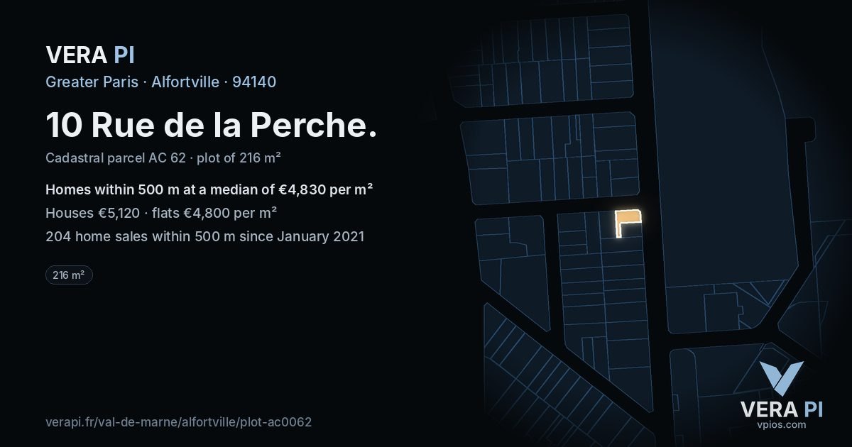 10 Rue de la Perche, Alfortville at night – the plot lit, the parcels around coloured by the prices near them