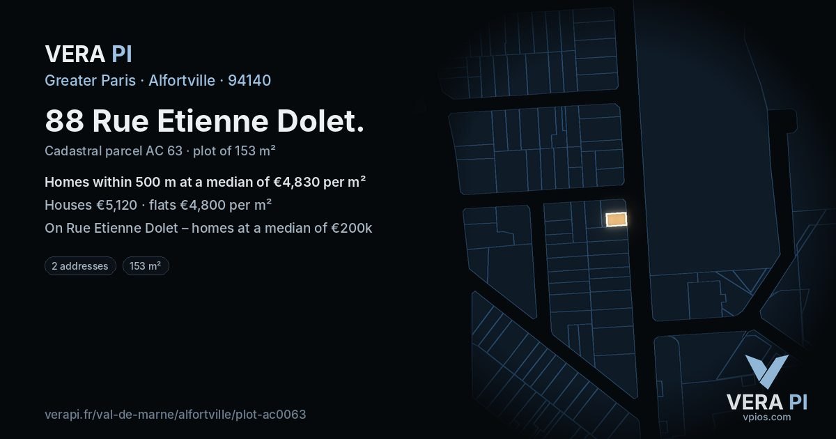 88 Rue Etienne Dolet, Alfortville at night – the plot lit, the parcels around coloured by the prices near them