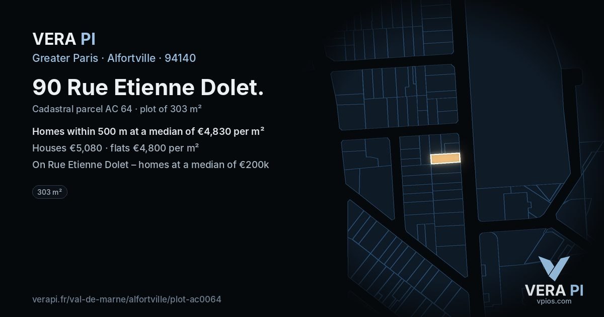 90 Rue Etienne Dolet, Alfortville at night – the plot lit, the parcels around coloured by the prices near them
