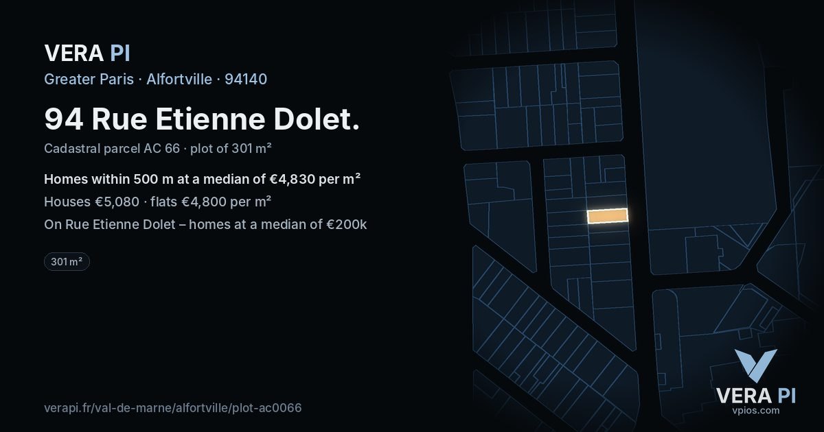 94 Rue Etienne Dolet, Alfortville at night – the plot lit, the parcels around coloured by the prices near them