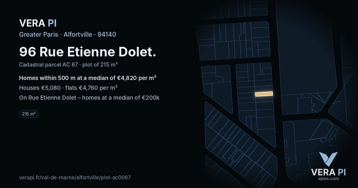 96 Rue Etienne Dolet, Alfortville at night – the plot lit, the parcels around coloured by the prices near them