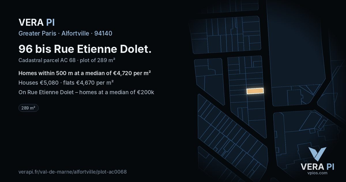 96 bis Rue Etienne Dolet, Alfortville at night – the plot lit, the parcels around coloured by the prices near them
