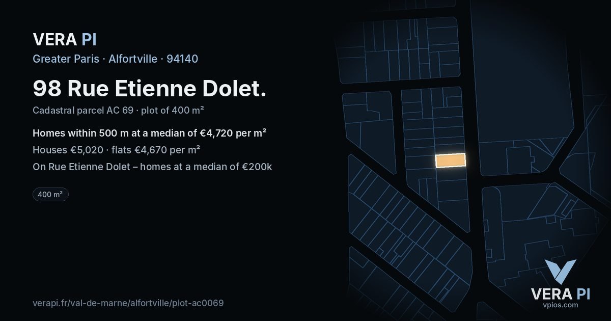 98 Rue Etienne Dolet, Alfortville at night – the plot lit, the parcels around coloured by the prices near them