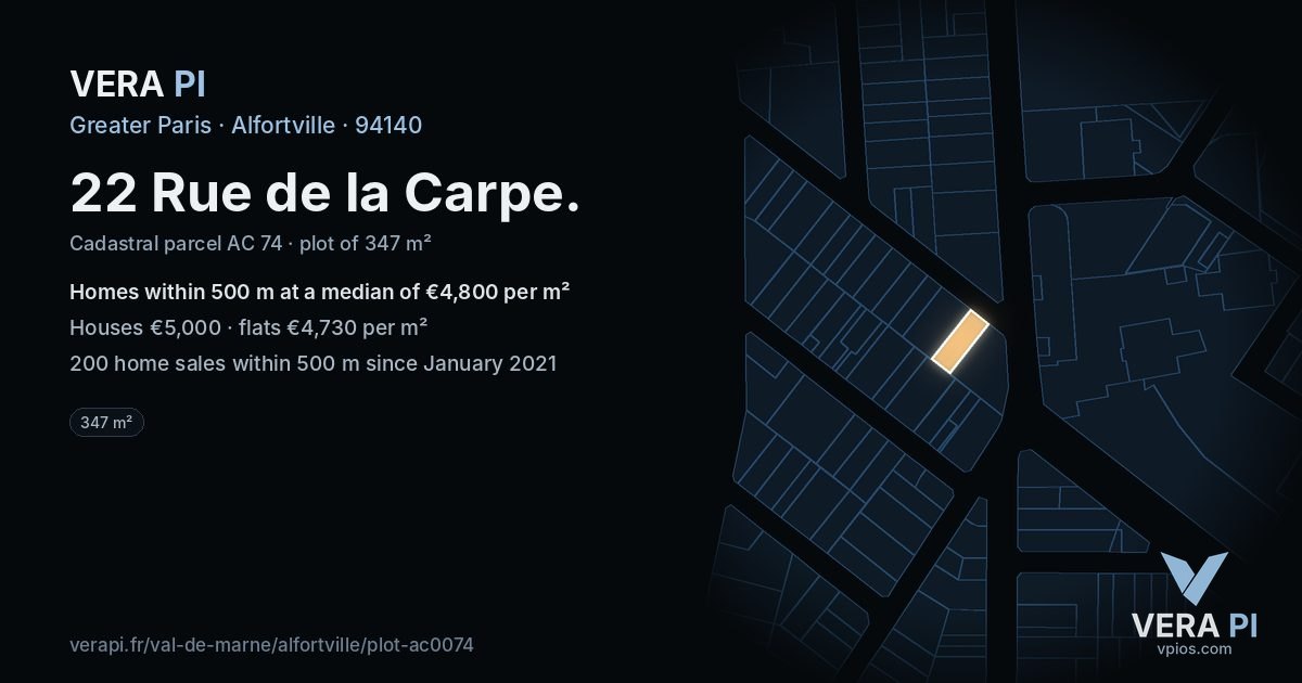 22 Rue de la Carpe, Alfortville at night – the plot lit, the parcels around coloured by the prices near them