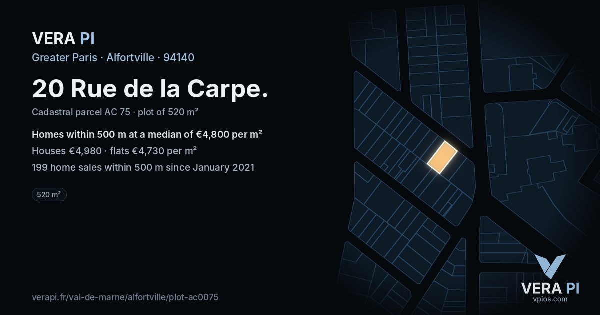20 Rue de la Carpe, Alfortville at night – the plot lit, the parcels around coloured by the prices near them